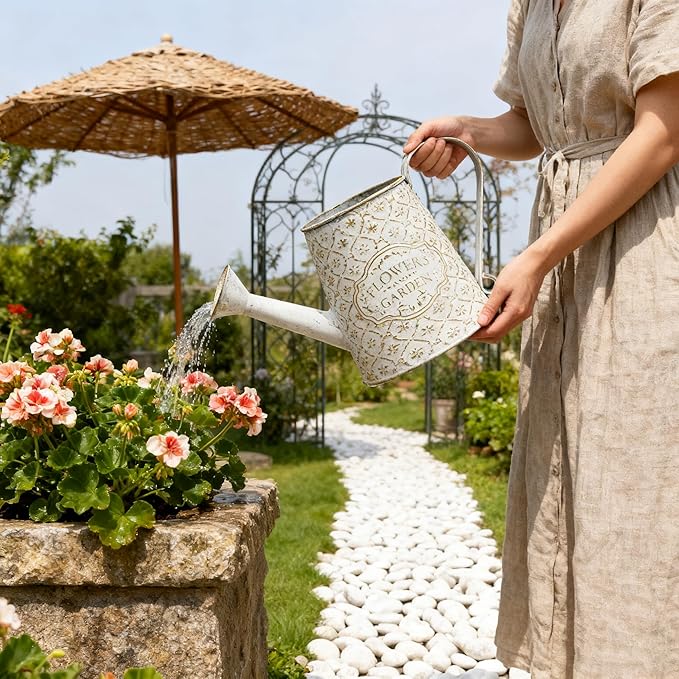 Vintage White Metal Flower & Garden Watering Can, Rustic Farmhouse Decorative Watering Pot Planter for Home Patio Backyard Outdoor Plant Care