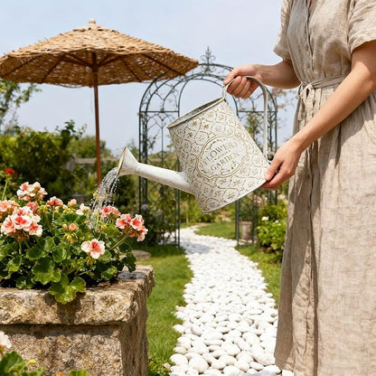 Vintage White Metal Flower & Garden Watering Can, Rustic Farmhouse Decorative Watering Pot Planter for Home Patio Backyard Outdoor Plant Care