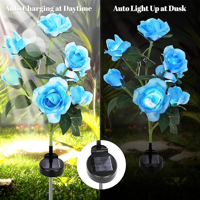 Solar Rose Lights Outdoor, 2 Pack with 14 Rose Flowers Waterproof Color Changing LED Flower Lights, Solar Powered Garden Stakes for Yard, Patio, Pathway Decor - Artificial Floral Decorative Lighting