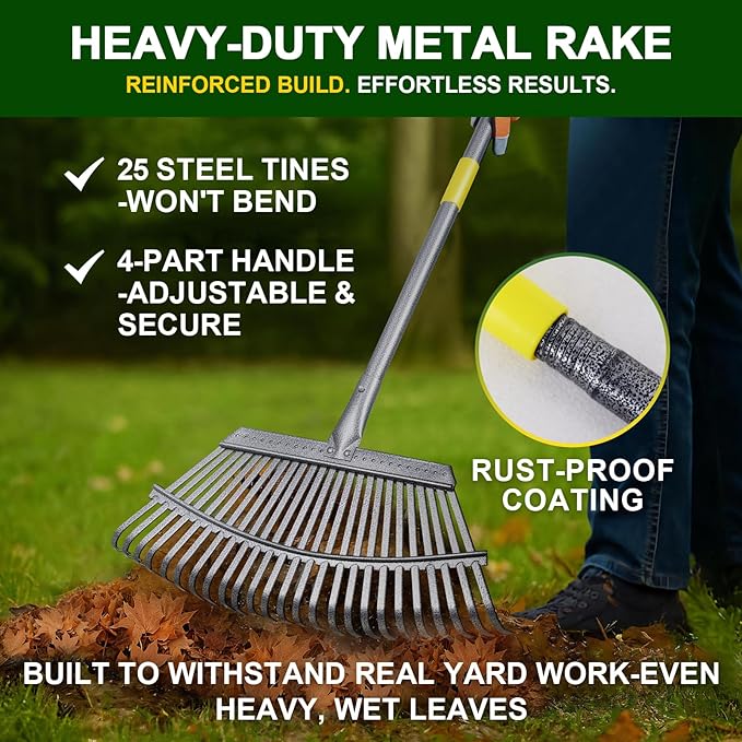 3-Piece Leaf Rake Kit – Adjustable Heavy-Duty Yard Rake with 25 Tines (36–73"), 32-Gal Tear-Resistant Bag & Leather Gloves – Fall Cleanup Set for Lawn, Shrubs & Gardens