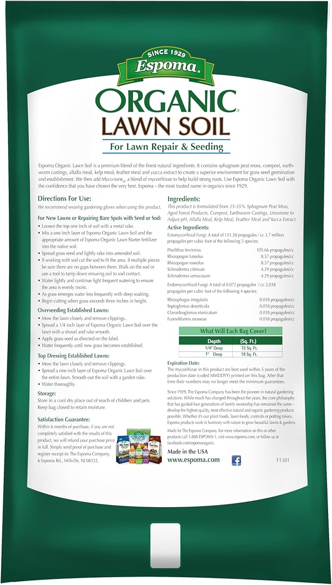 Espoma Organic Lawn Soil. All Natural and Organic Soil Mix for Promoting Seed Germination and Establishment in All Lawns. with Endo & Ecto Mycorrhizae. 1 Cubic Foot Bag. Pack of One