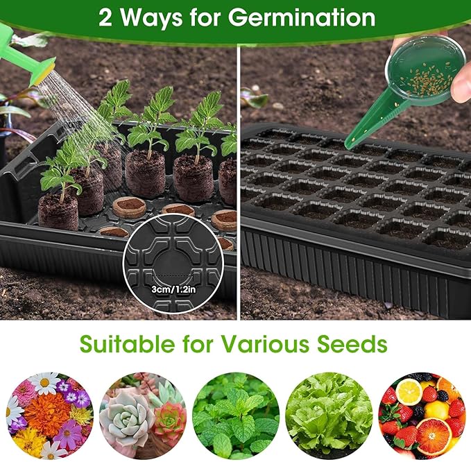 MQUPIN 80-Cell Seed Starter Tray with Grow Light, 2-Pack Adjustable Brightness Seed Starter Kit with Humidity Dome,Smart Timer,Watering Sprayer,Seeder,Plant Germination Kit for Seeds Growing