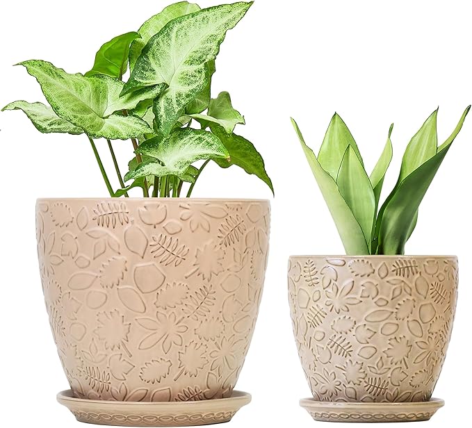 8 Inch + 6 Inch Retro Ceramic Planter Set of 2 with Drainage Hole and Saucer for Multiple Plants, Indoor-Outdoor Garden Pots for Succulent, Orchid, and Flower (Retro Peach)