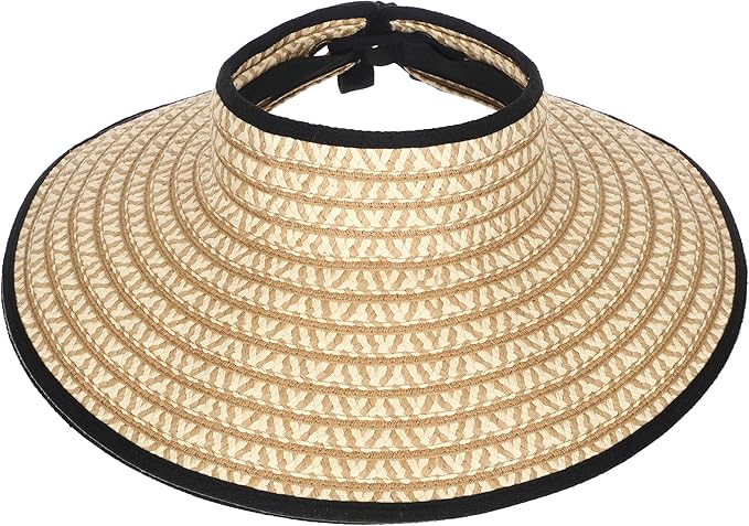 Womens Beach Straw Sun Hats Ponytail Hole Wide Brim Summer Visor Foldable Hat Sun Protection Packable for Travel Pool