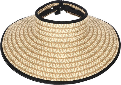 Womens Beach Straw Sun Hats Ponytail Hole Wide Brim Summer Visor Foldable Hat Sun Protection Packable for Travel Pool