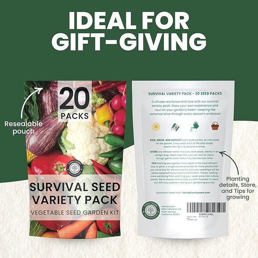 20 Vegetable Seed Packets | Survival Variety Pack | 2026 Season | Individually Packed Vegetables, Herbs and Fruits | Emergency Seed Vault for Doomsday Prepping | by Family Sown