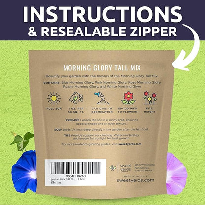 Morning Glory Tall Mix - Large 1 Ounce Packet - 750 Flower Seeds for Planting - Ipomoea purpurea