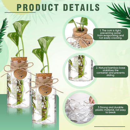 Baderke 24 Pack 4.84'' Plastic Plant Propagation Stations with Hole Lid Planter Vase Clear Propagation Jars with Thank You Tags for Plant Lover Gifts for Women Office Home Garden