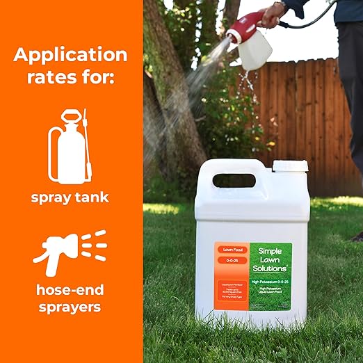 Simple Lawn Solutions - High Potassium Lawn Food Liquid Fertilizer 0-0-25 - Concentrated Spray - Turf Grass Vigor and Plant Hardiness - Summer and Fall - Any Grass Type (2.5 Gallon)