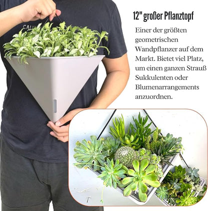 LaLaGreen Wall Planters for Indoor Plants - 4 Pack, 12 Inch Large Self Watering White Geometric Hanging Flower Vase Vessel with Metal Hanger, Modern Stylish Wall Mounted Succulent Pot Holder Decor