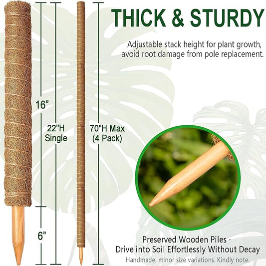 Soupiar 4 Pack 22 Inch Stackable Moss Pole - Thick & Sturdy Natural Coir Totem Plant Support & Garden Stakes for Monstera & Pothos, Indoor Climbing Vining Houseplants, 70”H Max