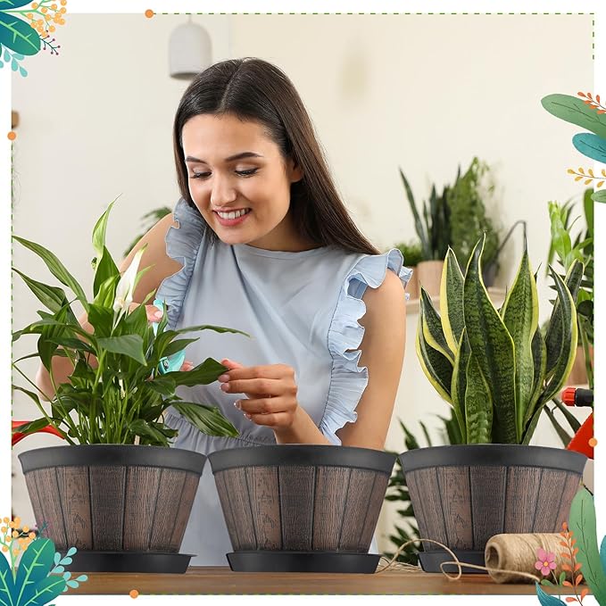 Layhit 10 Pack 9.8 Inch Whiskey Barrel Planter Flower Pot Plant Pots with Drainage Holes and Saucers Garden Planter Imitation Wine Design Plastic Barrel for Indoor Outdoor Plants Garden (Coffee Brown)