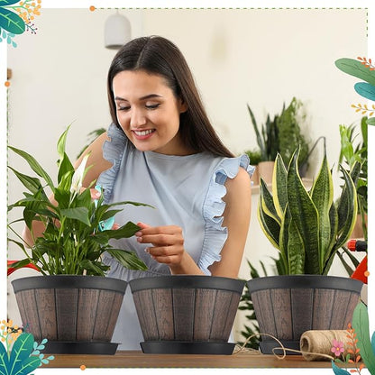 Layhit 10 Pack 9.8 Inch Whiskey Barrel Planter Flower Pot Plant Pots with Drainage Holes and Saucers Garden Planter Imitation Wine Design Plastic Barrel for Indoor Outdoor Plants Garden (Coffee Brown)