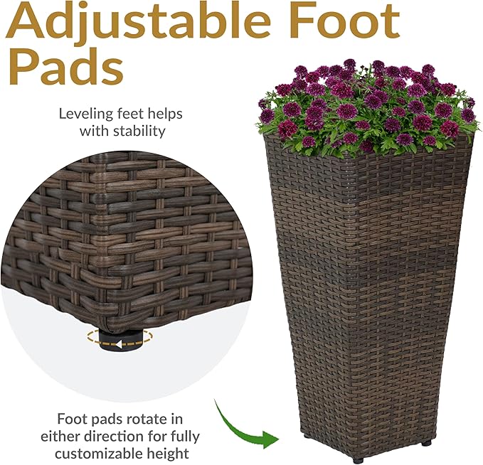 Sunnydaze Set of 2 Square Tall Wicker Planters - Polyrattan Rectangular Large Plastic planters for Outdoor Plants - 24-Inches Tall - Brown