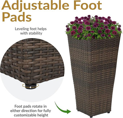 Sunnydaze Set of 2 Square Tall Wicker Planters - Polyrattan Rectangular Large Plastic planters for Outdoor Plants - 24-Inches Tall - Brown