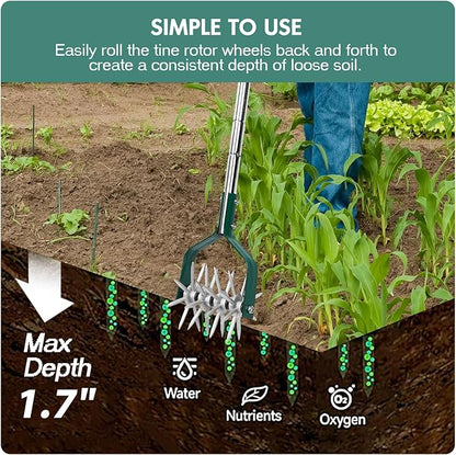 Garden Cultivator Adjustable Stainless Steel Handle, fine Rotary Cultivator Tiller for Small Scale Gardens Soil Loosening, Lawn Aeration, Fertilizer Mixing & Planting Preparation