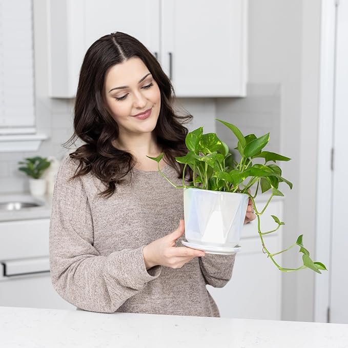 Coco Andrea Ceramic Plant Pots for Indoor Plants with Drainage & Saucers - 5-inch Iridescent White Planters for Houseplants, Succulents & Flowers - Housewarming Gift Set (1-pc, Small)