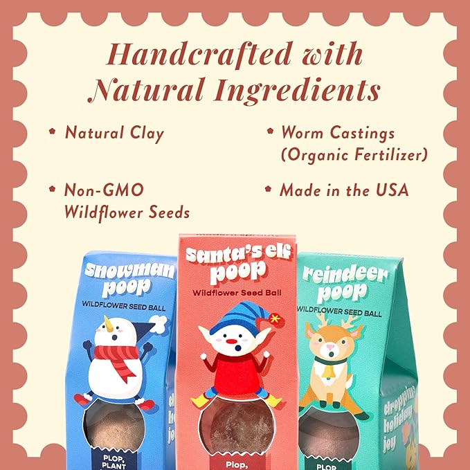 Modern Sprout Wildflower Seed Ball Poop - Christmas Gift - Non-GMO, Hand-Rolled Clay Seed Bombs with Wildflower Seeds - Plop Plant & Grow Gardening Gift Set for Kids & Adults (Jingle Plop - Pack of 3)
