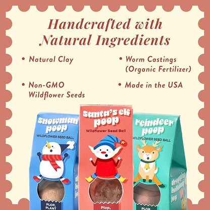Modern Sprout Wildflower Seed Ball Poop - Christmas Gift - Non-GMO, Hand-Rolled Clay Seed Bombs with Wildflower Seeds - Plop Plant & Grow Gardening Gift Set for Kids & Adults (Jingle Plop - Pack of 3)