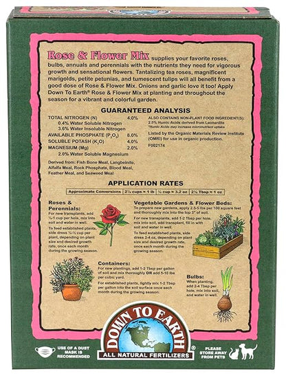 Down To Earth All Natural Fertilizers Organic Rose & Flower Mix - Plant Food for Roses, Bulbs, Flowers and Ornamentals 4-8-4, 15 lb