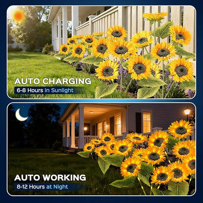 6 Pack Solar Garden Lights Outdoor, 2 Lighting Modes Warm White LED Waterproof Solar Powered Sun Flowers Landscape Light for Outside Yard, Patio, Pathway Decorative, Décor, Gifts