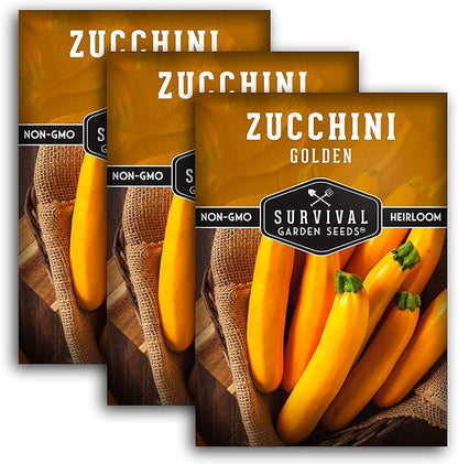 Golden Zucchini Seeds for Planting - Plant & Grow Yellow Zucchini Vegetables in Your Home Vegetable Garden - Non-GMO Heirloom Variety - Survival Garden Seeds (3 Packs)