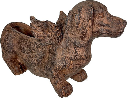 Whimsical Flying Dachshund Planter with Drain Hole – 18 Inch Brown Magnesium Oxide Wiener Dog Animal Planter for Succulents, Flowers, Indoor Outdoor Rustic Decor – Weather-Resistant Dog Garden Pot
