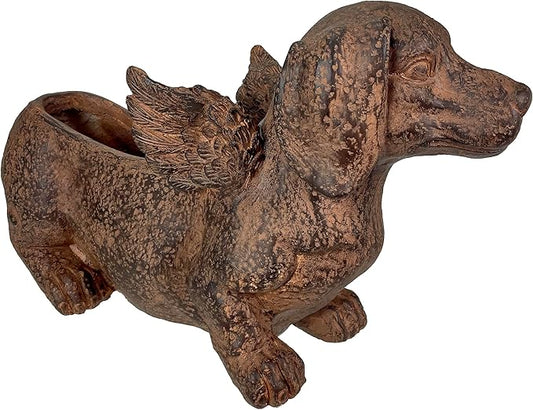 Whimsical Flying Dachshund Planter with Drain Hole – 18 Inch Brown Magnesium Oxide Wiener Dog Animal Planter for Succulents, Flowers, Indoor Outdoor Rustic Decor – Weather-Resistant Dog Garden Pot