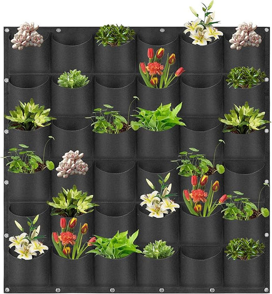 Hanging Planting Grow Bags, 36 Pockets Hanging Vertical Wall Planter Wall Mounted Grow Bag Outdoor Indoor Gardening Vertical Greening Flower Container, Planting Bags Storage Bags(1.0 m × 1.0 m, Black)