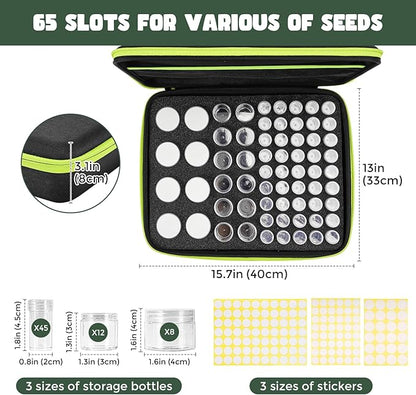 ProCase 65 Slots Seed Storage Organizer Sorter Box, Sturdy Seed Bank Saving Kit Container for Garden Vegetable Plant Flower, Seed Keeper Set with Label Stickers Funnel 3 Size of Bottles 1 oz 3 oz 5 oz