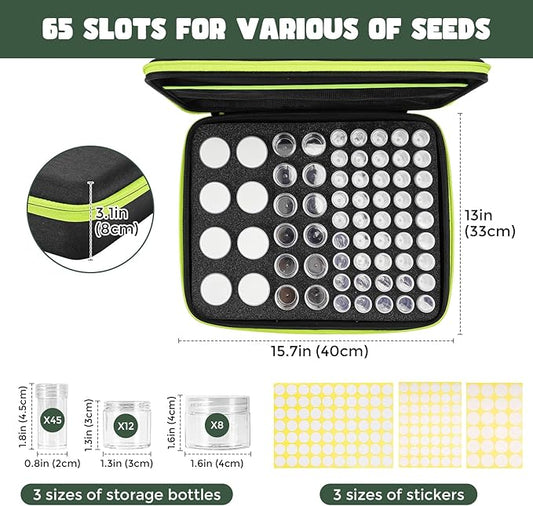 ProCase 65 Slots Seed Storage Organizer Sorter Box, Sturdy Seed Bank Saving Kit Container for Garden Vegetable Plant Flower, Seed Keeper Set with Label Stickers Funnel 3 Size of Bottles 1 oz 3 oz 5 oz