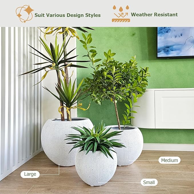 12.8" H x 16" D Ribbed Globo Fiberstone Round Planter with Drainage Hole, Weather Resistant for Indoor and Outdoor Use, Included 2 Extra Coco Mats (Speckled White, 10.7" Pot Opening)