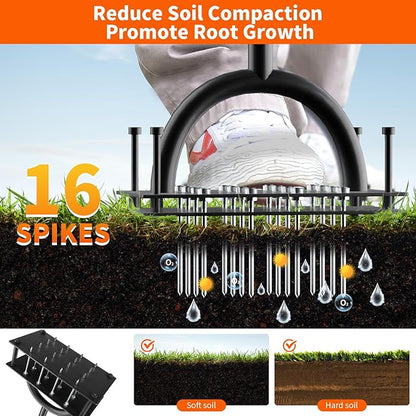 Lawn Aerator Tool (Pre-Assembled), 16 Iron Spikes with Spring-Loaded Auto Cleaning, Ergonomic T-Handle, Manual Grass Aerators for Lawn, Yard, Garden Soil Loosening & Aeration, Gloves Included (Black)