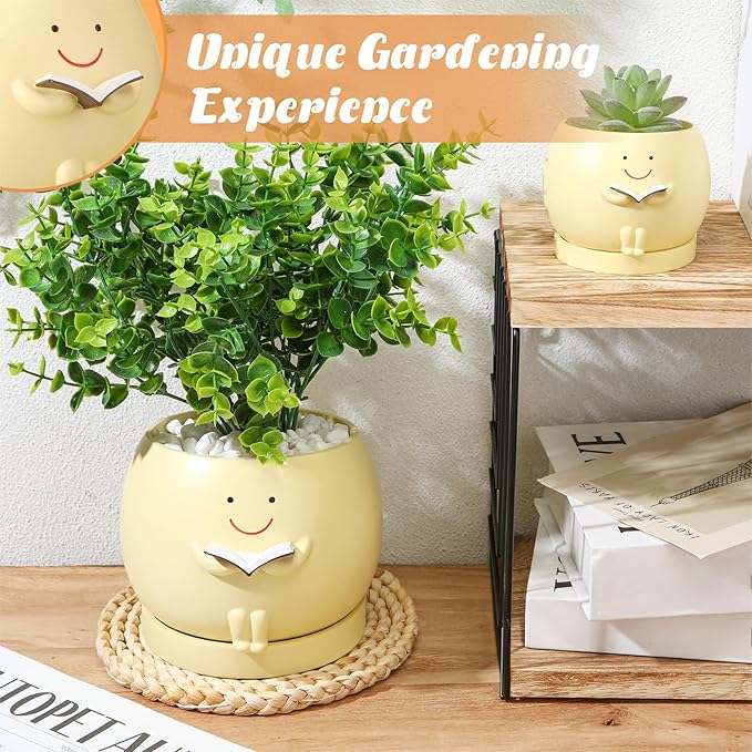 2 Pcs Smile Face Planters Pots with Drainage Hole, 6'' Head Planters 3.6'' Cute Resin Flower Pot for Indoor Plants, Succulent Pots for Plant Lover Gift(Book)
