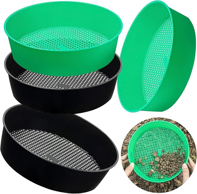 4 Pack Garden Soil Compost Sifter Round Plastic Sand Sieve, Sifting Pan Set for Gardening Home Plant Work with Small Rocks Gravel Sand