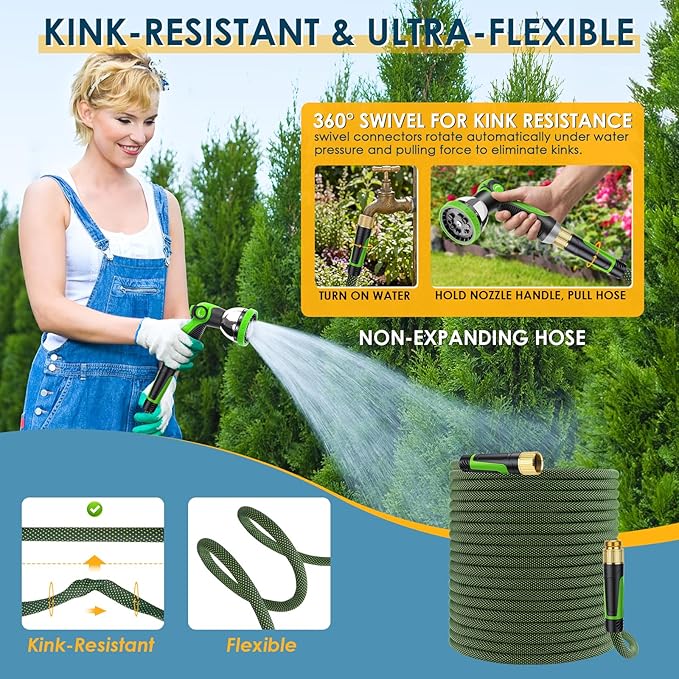 Non-Expandable Garden Hose 25 FT, Lightweight Hose with 10 Function Spray Nozzle, Kink-Free Flexible Water Hose, Durable, Leak-Proof, 360° Swivel Connectors, Portable Storage Strap