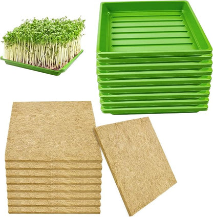 9Set Microgreens Growing Mat with Tray, Microgreen Growing Kit 10″×10″ Wheatgrass Seed Sprouting Starter Mat Hemp Fiber Grow Hydroponic Jute Pad Indoor Organic Production for Germination Sprouts(G)