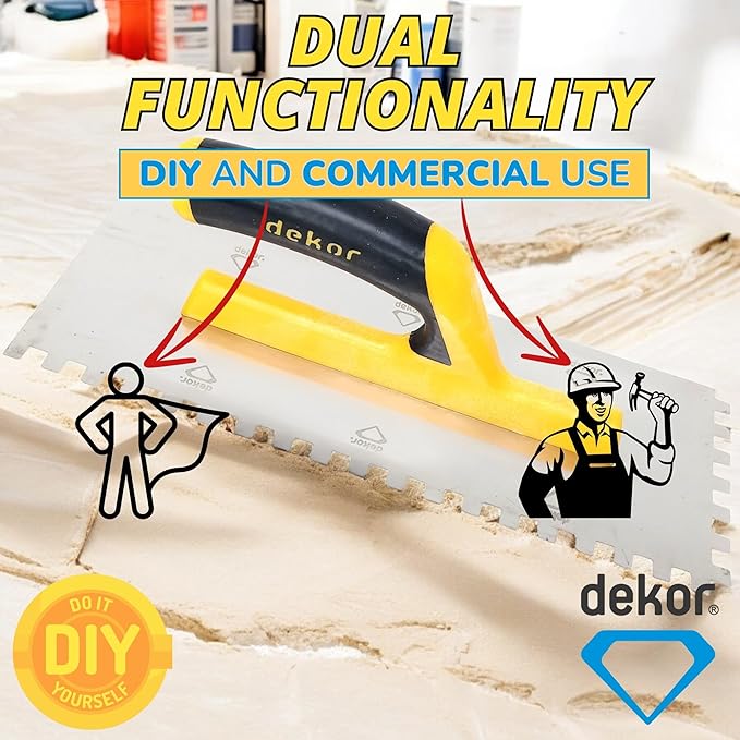 DEKOR Notched Trowel - 18" x 4.75" - Square Notch 5/16" - German Stainless Steel - Tile Tools, Concrete and Drywall Trowel, Made in Europe for DIY & PRofessional Use (Plastic Handle)