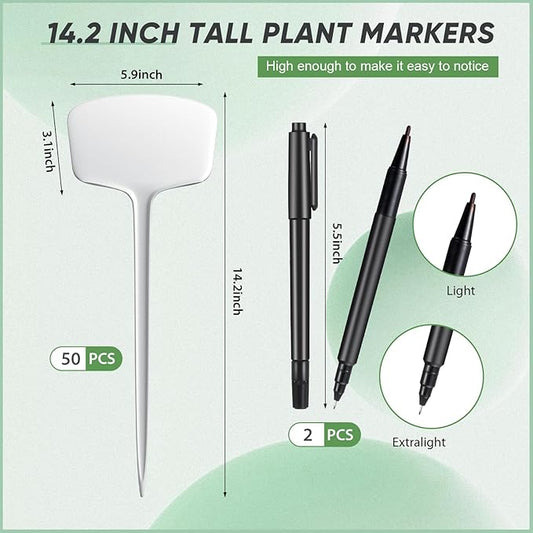 50 Pcs 14.2 Inch Plastic Plant Labels Tags T Type Plant Markers with Pen for Outdoor Indoor Garden Pot Herbs Flowers Vegetable(White)