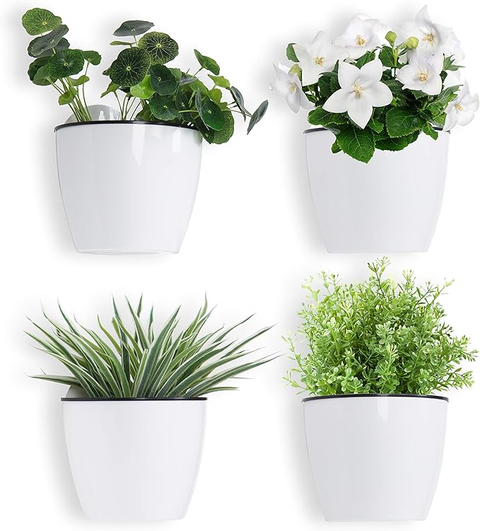 MyGift 7.5 Inch Wall Planters for Indoor Plants, White Plastic Hanging Self Watering Plant Pots, Flower Cactus Herbs Plant Container Wall Planter Set of 4