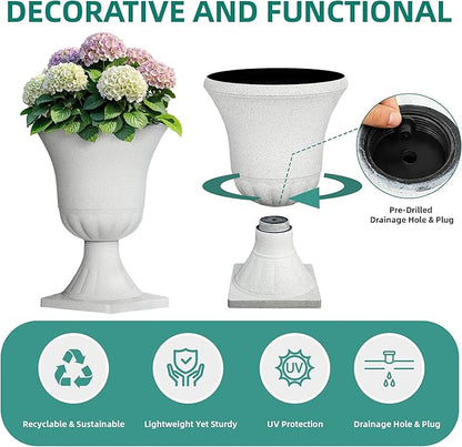22" H Urn Tall Planters, 2-Pack Large Flower Pots for Indoor Outdoor Use, Elegant White Terrazzo Weather-Resistant Pot Containers for Garden Patio Yard Balcony Entryway or Home Décor, KD Base