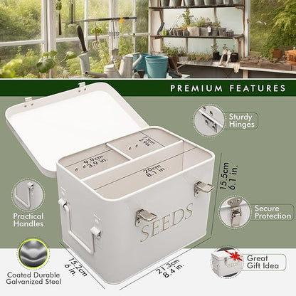 Garden Seed Storage Box with Dividers Seeds Packet Organizer Case for Gardening 3 Inner Slot Bird Plant or Vegetable Seed Container Saver Tin – White Galvanized Metal with Envelopes & Labels