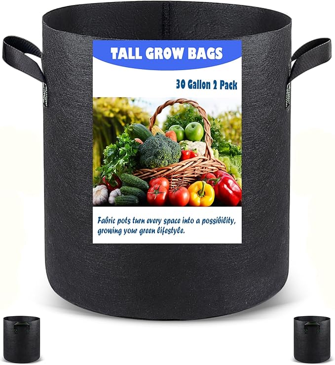Taller Grow Bags for Deep Root Plants, 30 Gallon 2 Pack Thickened Nonwoven Fabric Pots with Short Handles, Washable Reusable Cloth Plant Bags for Vegetables, Pond Aquatic Plants