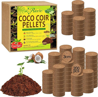 Riare 200 Pcs 30mm Organic Coco Coir Seed Starter Soil, Compressed Coconut Coir Potting Soil Mix for Seed Starting, Coconut Fiber Pellet for Planting Indoor & Outdoor Plants, Vegetables, Garden