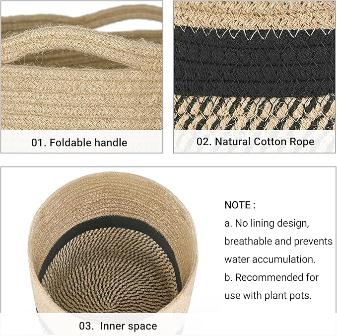 Dahey Jute Rope Plant Basket Modern Woven Storage Basket for 10.5" Indoor Planter, Decorative Flower Pots Cover Laundry Bin with Handle Rustic Home Decor, Black