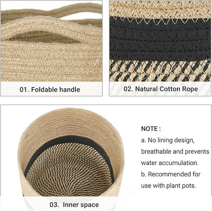Dahey Jute Rope Plant Basket Modern Woven Storage Basket for 10.5" Indoor Planter, Decorative Flower Pots Cover Laundry Bin with Handle Rustic Home Decor, Black