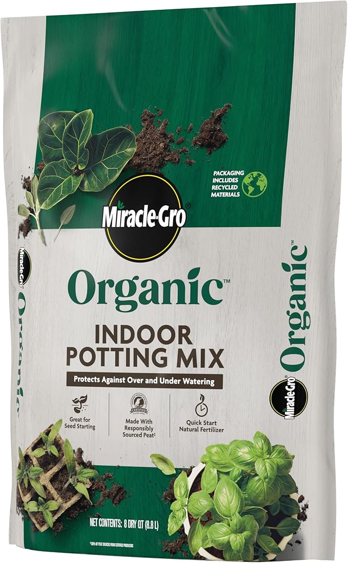 Miracle-GRO Organic Indoor Potting Mix, Protects Against Over and Under Watering, for Indoor Container Plants, Houseplants and Starter Plants, OMRI Listed, 8 qt., 2-Pack