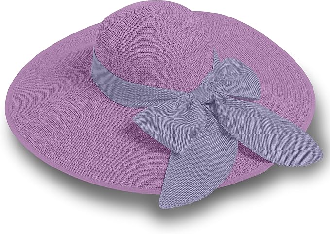 Women's Wide Brim UPF 50+ Straw Sun Hat with Bow - Foldable Packable Summer Beach Hat with Chin Strap
