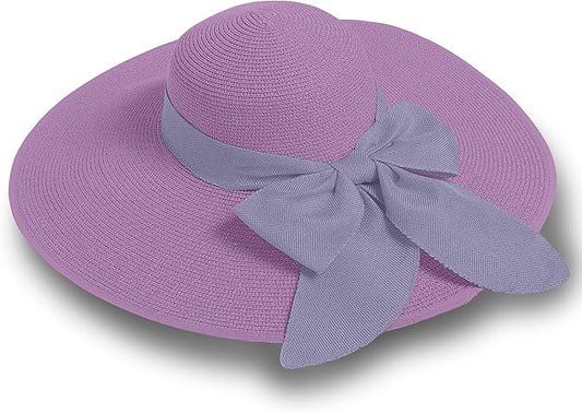 Women's Wide Brim UPF 50+ Straw Sun Hat with Bow - Foldable Packable Summer Beach Hat with Chin Strap