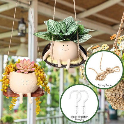 4 Pack Smile Face Planter Pot Small Hanging Swinging Planter Cute Holder for Indoor Outdoor Plants Funny Swing Gifts for Mother's Day Birthday Christmas
